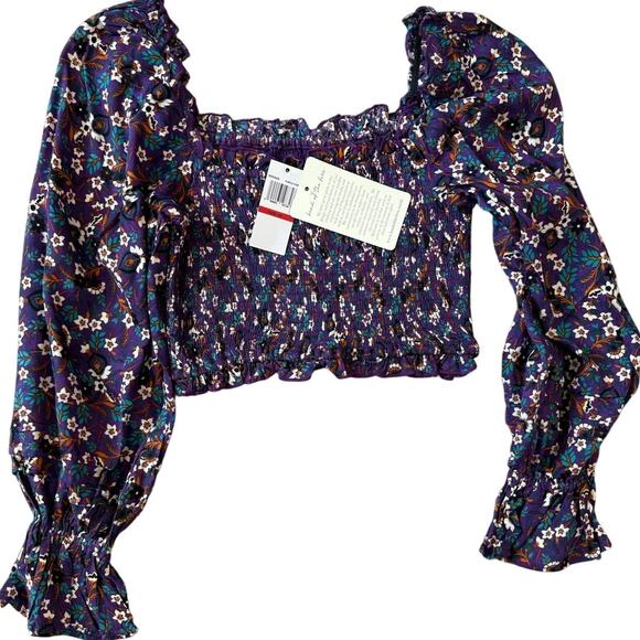 Band of the Free Agathe Purple Floral Smocked Boho Stretch Casual Top XS - Picture 2 of 5